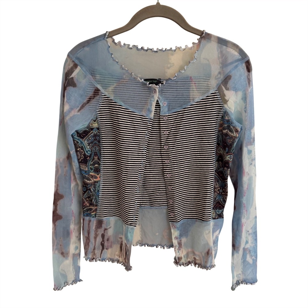 Tricotto Women‎ Blue Mixed Media Mesh Cardigan Paisley Striped Lettuce Trim XS